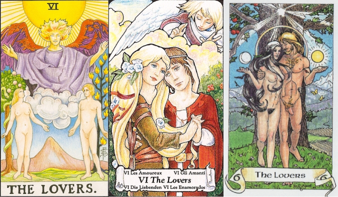 The Lovers in the Rider-Waite, Hanson Roberts, and Robin Wood Tarot decks.